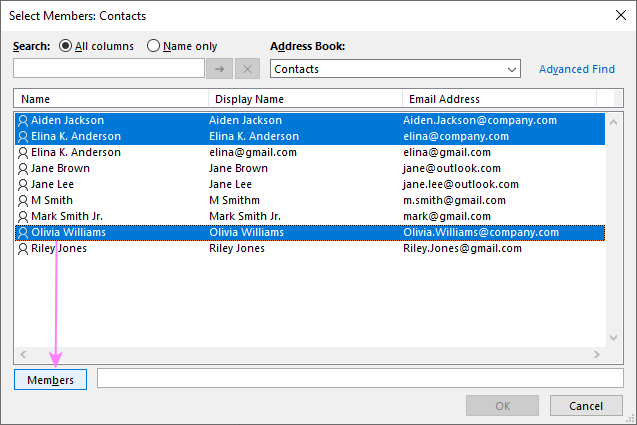 Select contacts from Outlook or Global Address List.