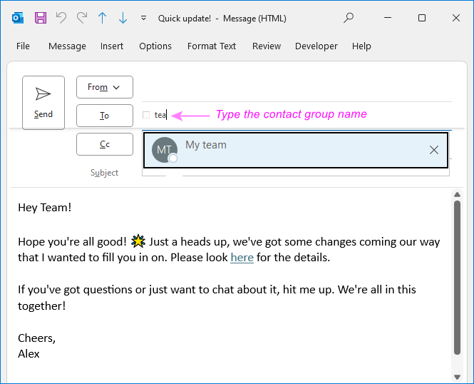 Sending an email to a group in Outlook.