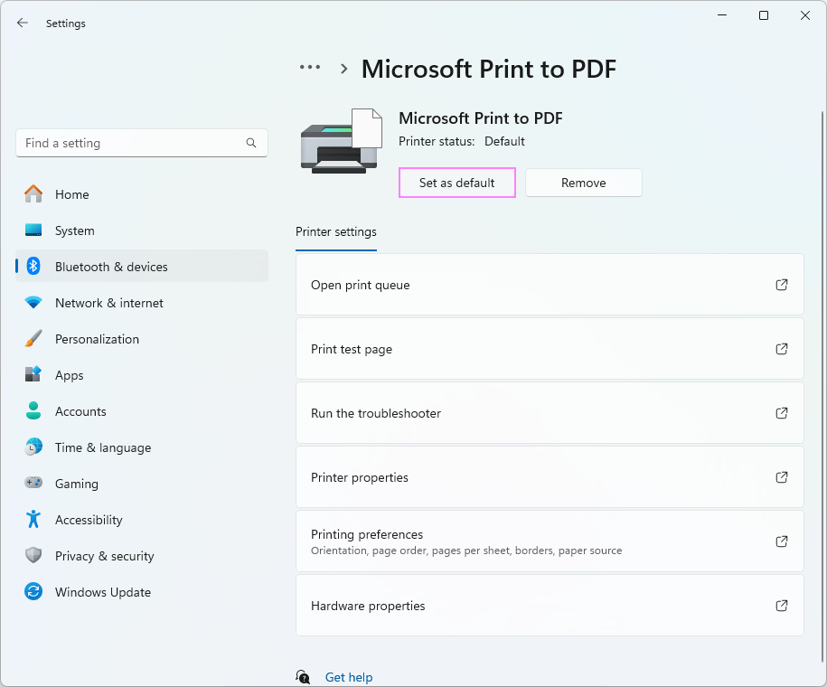 Set Microsoft Print to PDF as the default printer.