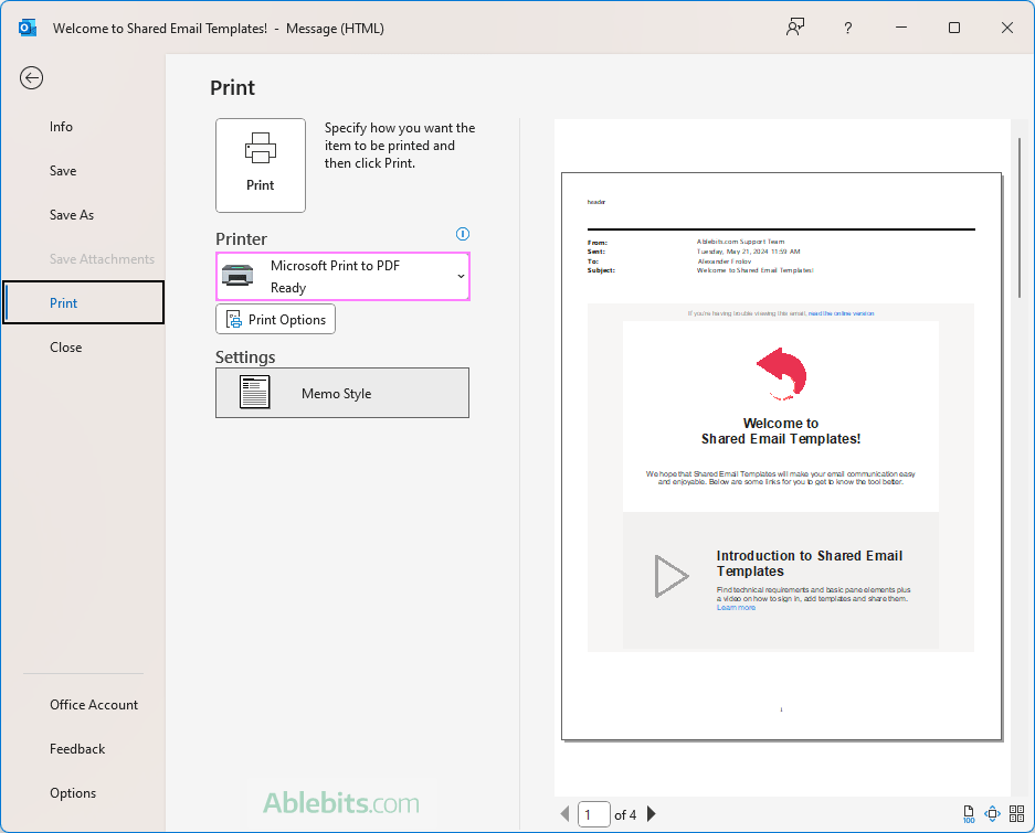 Print email to PDF in Outlook.