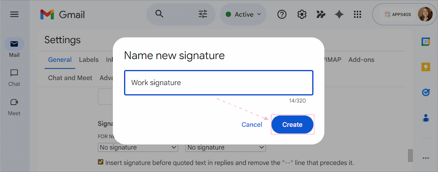 Entering the name for a new signature. Entering the name for a new signature.