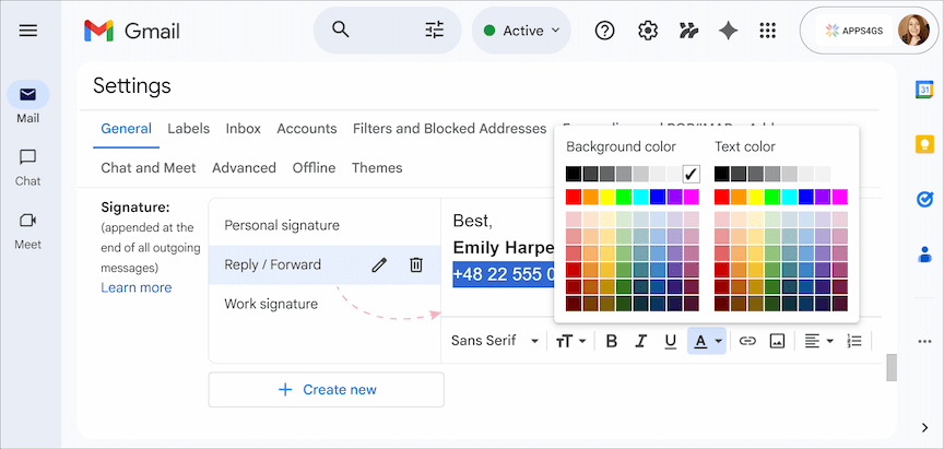 Using the editor box to update your Gmail signature.