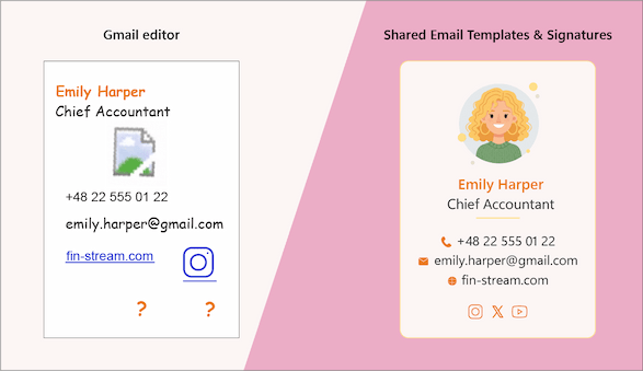 Email signature with fixed layout.