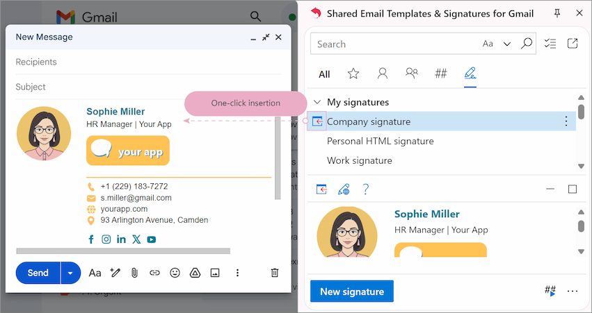 Inserting signature in one-click in Gmail with Shared Email Templates & Signatures.