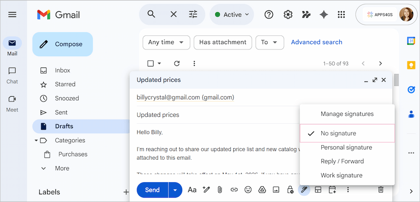 Selecting the No signature option in the compose window. Selecting the No signature option in the compose window.