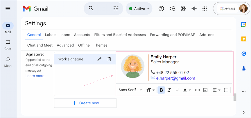 Using the signature editor in Gmail.