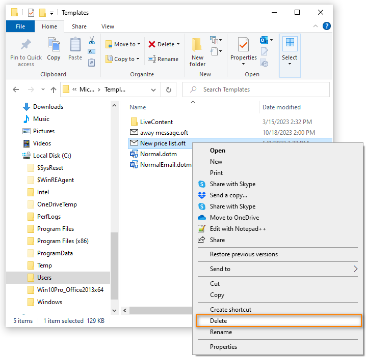 PDeleting an Outlook template(.oft)