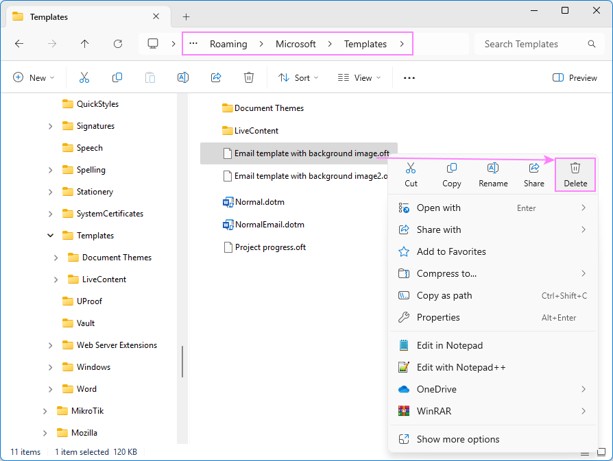 Delete an Outlook email template. Delete an Outlook email template.
