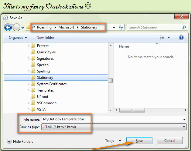 Save the email as a HTML file to the Stationery sub-folder of the Microsoft folder.