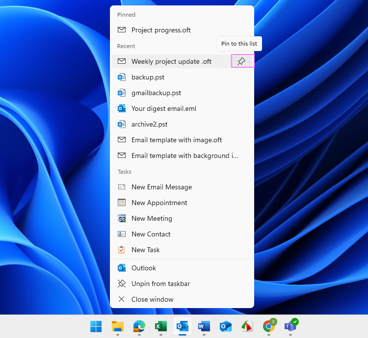 Pin an Outlook template to the taskbar on Windows 11. Pin an Outlook template to the taskbar on Windows 11.