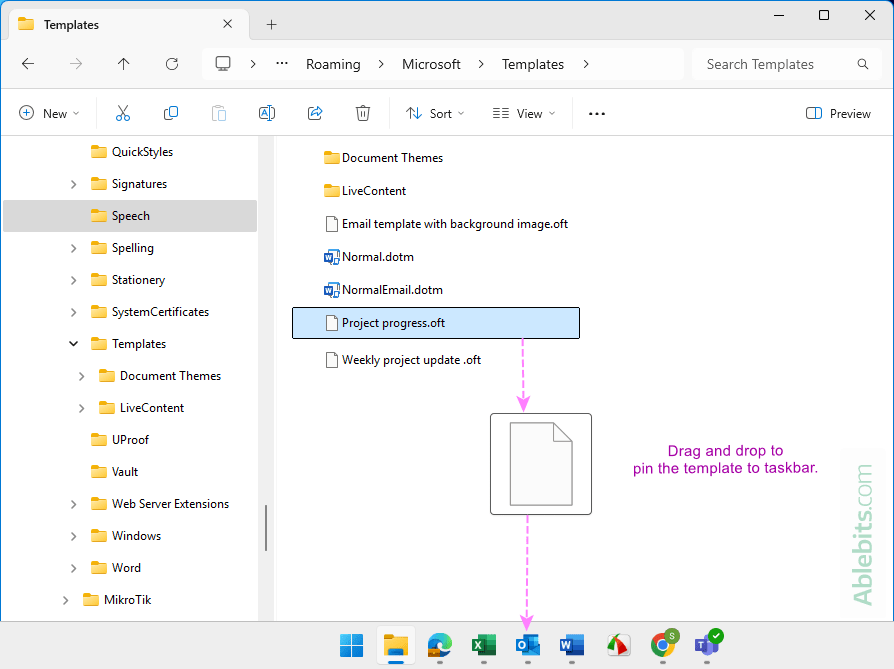 Pin an Outlook template to the taskbar.