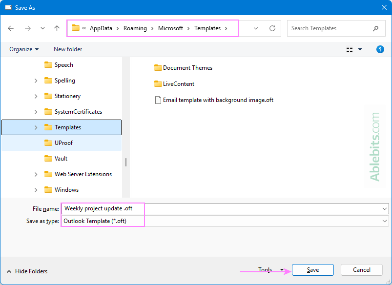 Save an Outlook email as a template.