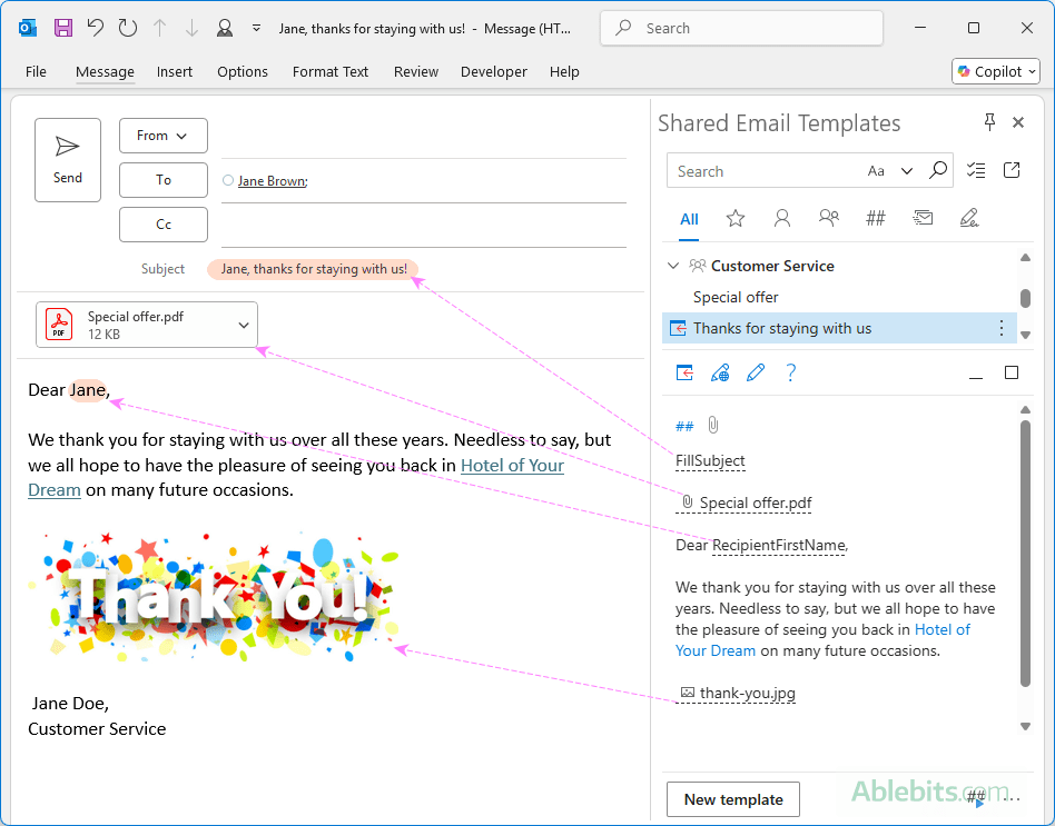 Using a shared email template in Outlook.