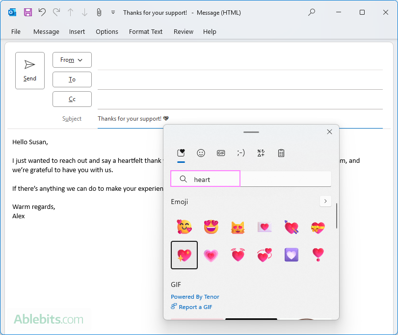 Add an emoji to an email subject line in Outlook.