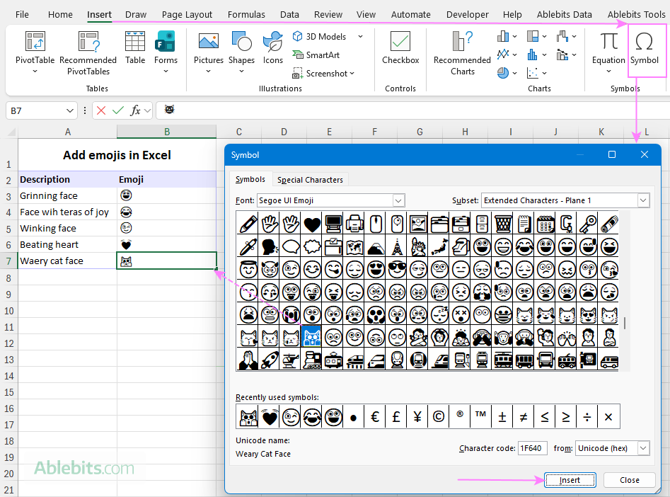 Add an emoji symbol in Excel.