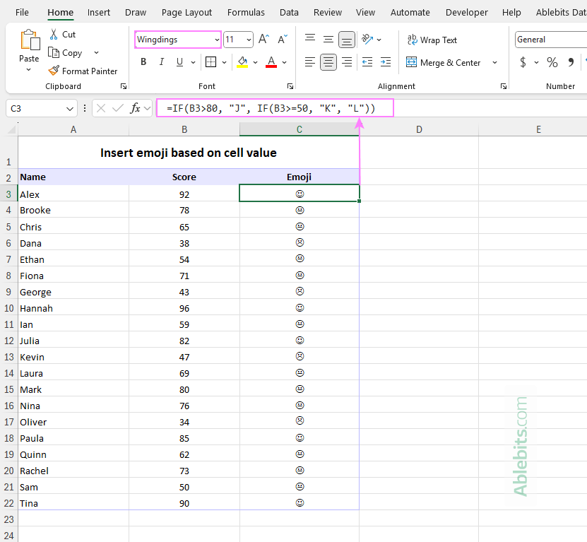 To display emojis, change the cell font to Wingdings.