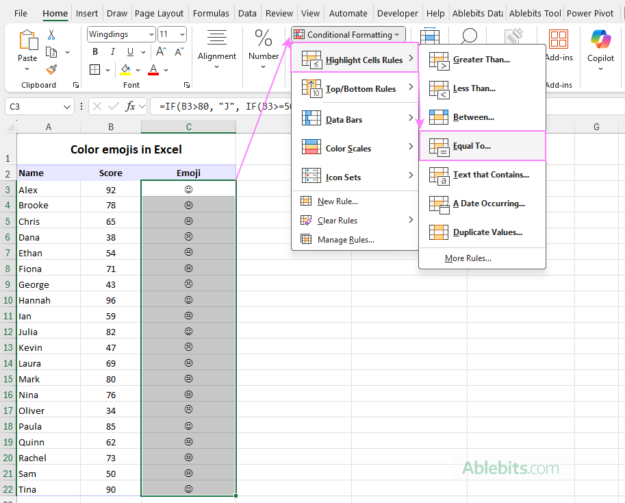 Apply conditional formatting to emoji cells.