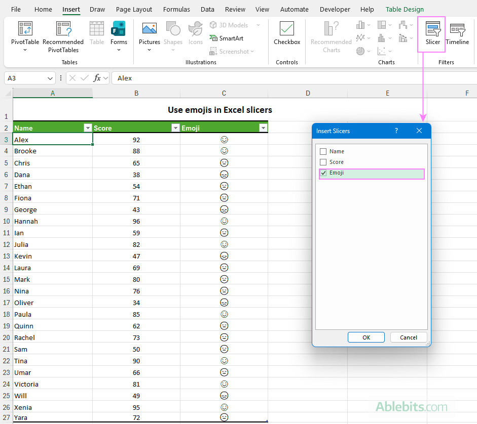 Use emojis in Excel slicers.