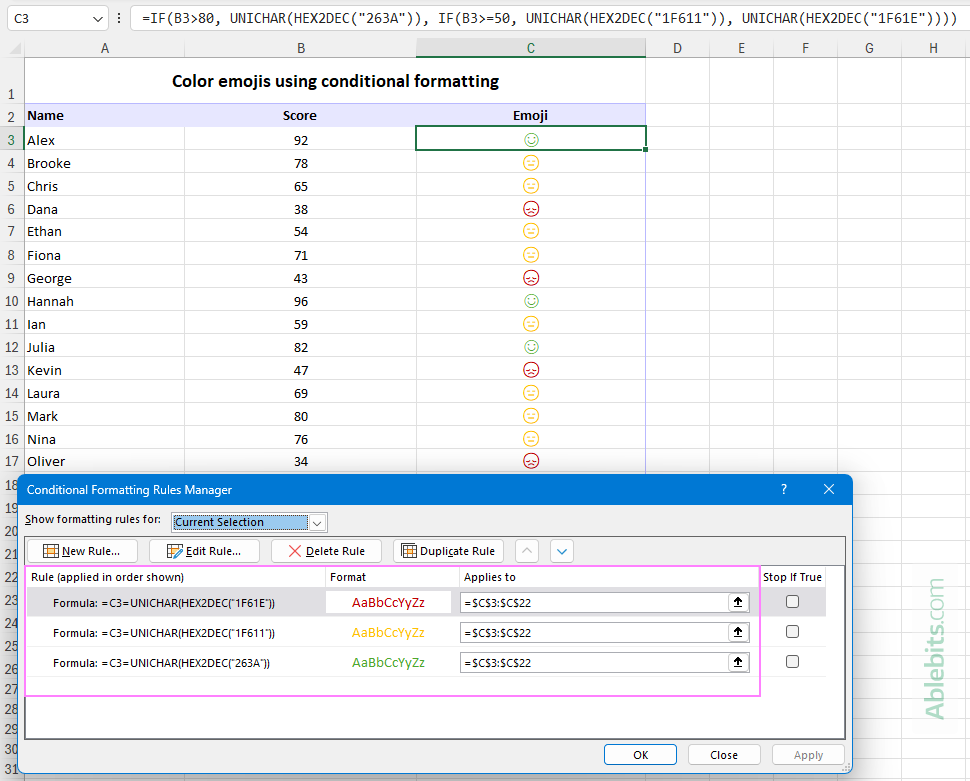 Apply conditional formatting to emoji cells.