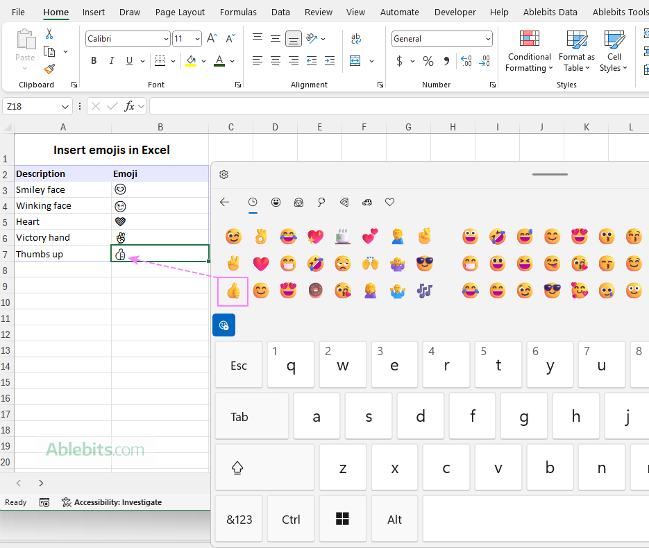 Insert emojis in Excel using the touch keyboard.