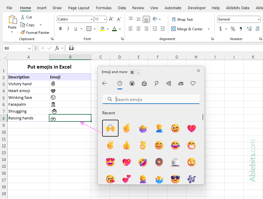 Put an emoji in an Excel cell.