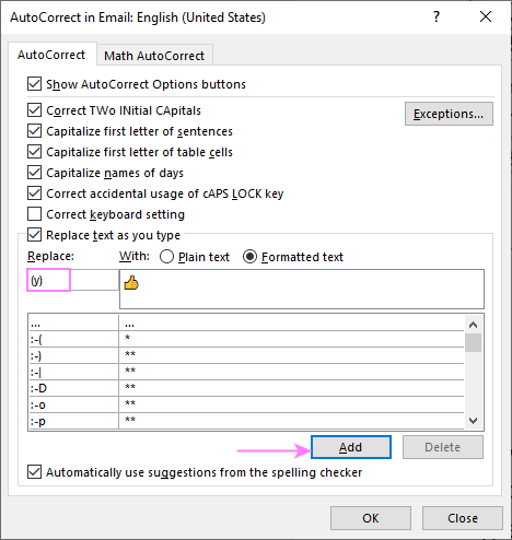 Creating a custom shortcut for an emoji in Outlook