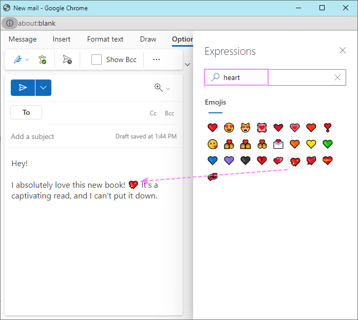 Add a heart emoji to an Outlook email.