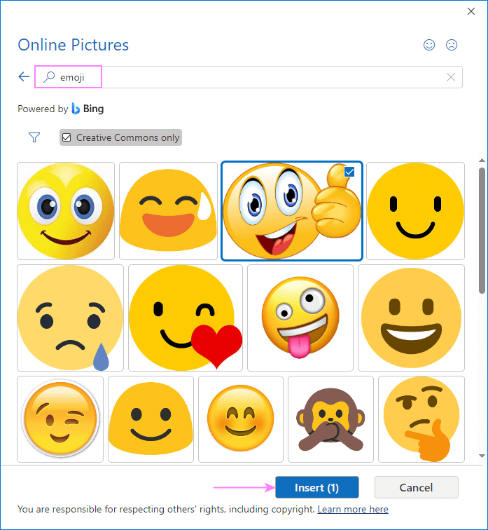 Insert the found emoji in an Outlook message.