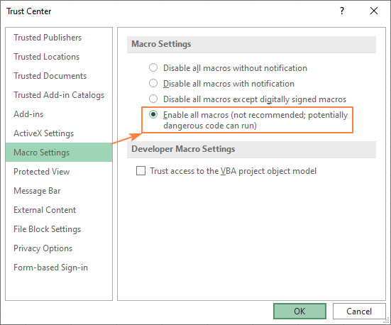 enable or disable macros in excel