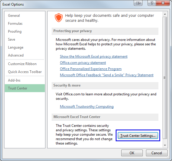 trust center excel mac