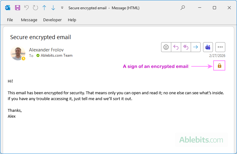 An encrypted email in Outlook.