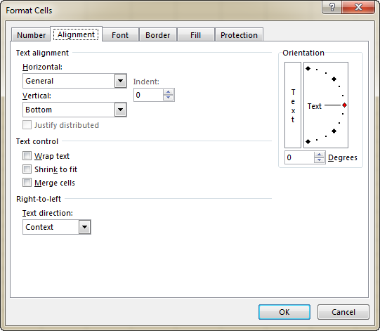Additional alignment options are available in the Format Cells dialog.