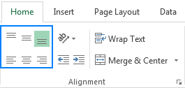 Excel alignment options on the ribbon