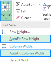 AutoFit options on the Excel ribbon
