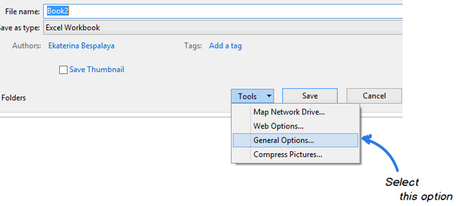 Open the Tools drop-down menu at the bottom of the Save As dialog to choose General Options