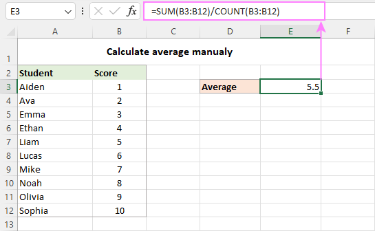 Calculating average in Excel manually