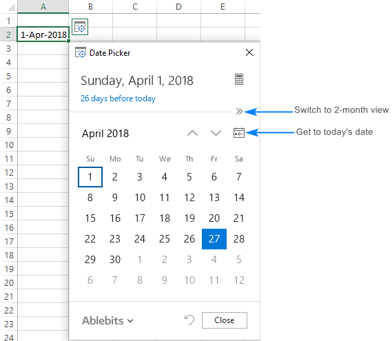 Ablebits drop-down calendar for Excel