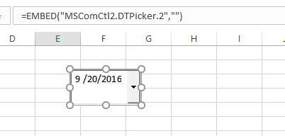 The datepicker control is inserted in Excel.