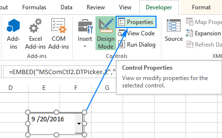 To customize the calendar control, click Properties.