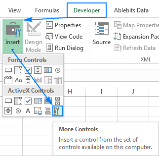 To insert a calendar, click the More Controls button under ActiveX Controls.