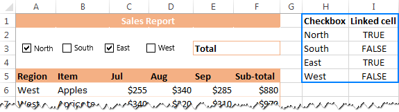 Create the criteria area and link the checkboxes to empty cells.