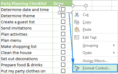 Right click the checkbox, and then click Format Control.