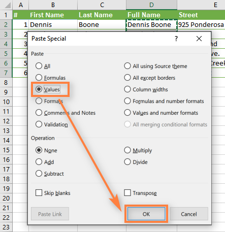 excel split cells copying values