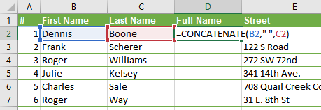Excel formula to merge two columns with spaces