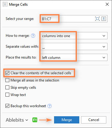 Select the following options in the Merge Cells dialog box