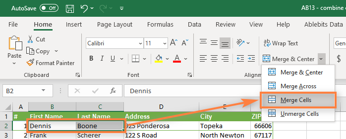 Кнопка «Объединить» в Excel