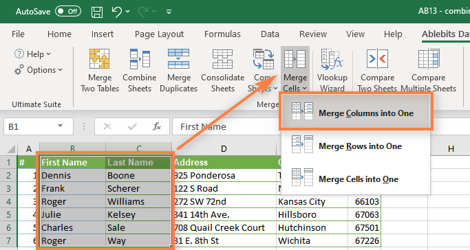 how to merge 2 cells in excel with text