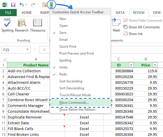 Click the More Commands option in the Customize QAT drop-down menu to open the Excel Options dialog