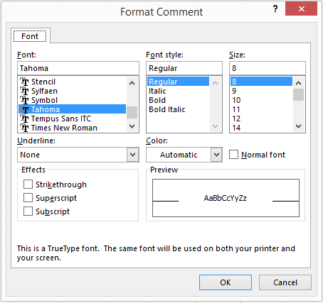 Make changes to the font of the cell note in the Format Comment dialog