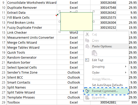 Choose the Format Comment option from the right-click menu to open the dialog window